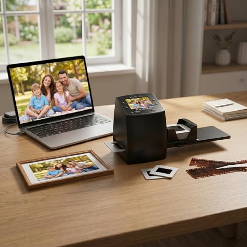 35mm Film & Slide Scanner with 2.4" LCD Screen, Converts 135 Negatives & Slides to Digital JPEG, Quick Slide Mount Feeder & USB Transfer