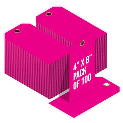 Tags 4 Less 15 Mil Waterproof Plastic Tags, Pack of 100 – 4” x 8” Heavy Duty Plastic Tags for Labeling, Outdoor Tagging, Equipment Labeling, Luggage, Valves & More (Fluorescent Pink)
