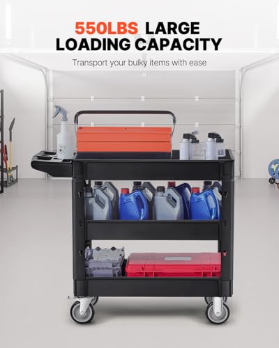 VEVOR Utility Cart, 3-Tier Plastic Service Cart with 550LBS Capacity, 360° Swivel Casters (Including 2 Locking Wheels), Medium Lipped Shelves, Ergonomic Handle, for Garage, Warehouse, Cleaning Tasks