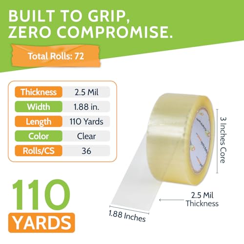 PSBM Clear Packing Tape, 72 Rolls 2.5 Mil 1.88 Inch 110 Yards Per Roll, Heavy Duty Tape for Packaging, Shipping, Moving & Sealing