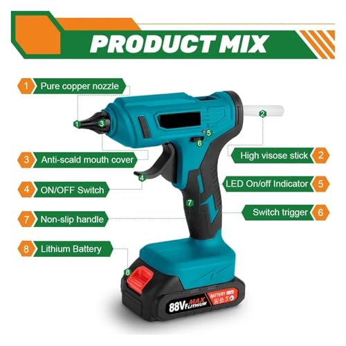 LIBODD Hot Glue Gun 100W 280°C Cordless Hot Melt Glue Gun Portable Rechargeable with Glue Sticks DIY Repair Tool for 18V Battery for DIY Arts, Crafts and Quick Repairs(2 Battery)