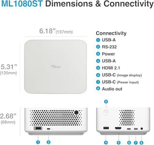Optoma ML1080ST Ultra-Portable Short Throw Full HD Laser Projector, 1200 Lumens