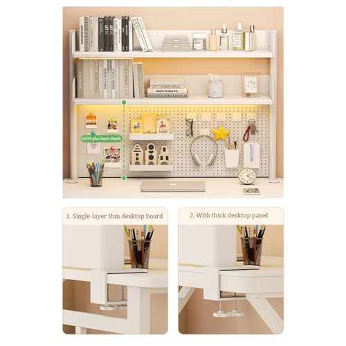 WSNCXFW White Clamp on Desk Organizer Shelf with Pegboard, Desktop Bookshelf Storage Shelves Multipurpose Countertop Hutch Bookshelf, for Home Office Dorm Gaming Desk,60cm/23.6in