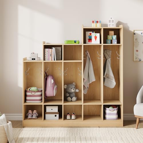 Sunvasagoo 5-Section Wooden Kids Coat Locker with 9 Cubbies & 10 Hooks – Child-Safe Study Space Storage Organizer for Home, School, Nursery