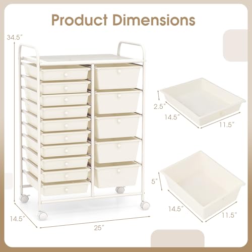MEDIMALL 15 Drawers Rolling Storage Cart, Multipurpose Craft Storage Cart with Wheels, Mobile Tools Scrapbook Paper Organizer Cart for School Home Office Use (White)