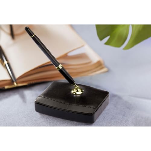 Black Leather Single Pen Stand with Gold Accents