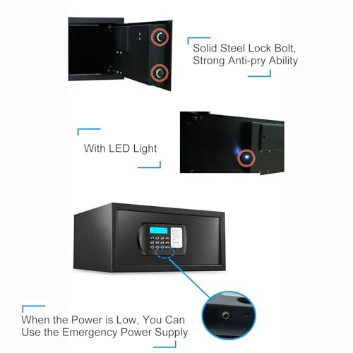 Small Safe Box Digital Safe with LED Sensor Light and Emergency Power Outlet, Security Box for Hotel, Office, Home
