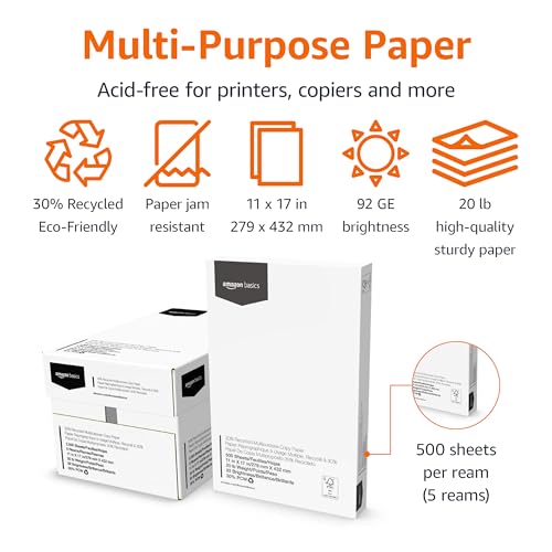 Amazon Basics 30% Recycled Multipurpose Copy & Print Paper, 11 x 17 Inches, 20 lb Weight, 92 Bright, White, 2500 Sheets (5 Reams)
