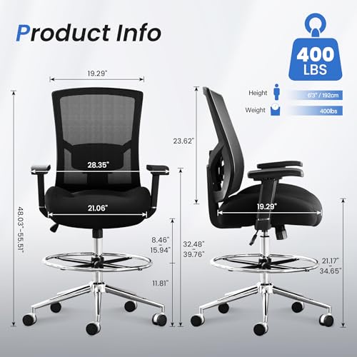 500 lbs Drafting Chair Tall Office Chair for Standing Desk, Ergonomic Office Drafting Chair with Adjustable Lumbar Support, 21" Extra Wide Cushion, Footrest & Pressure Locking Casters, 4D Arms, Black