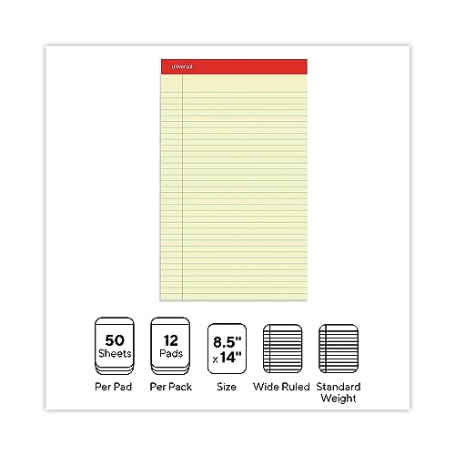 Universal 40000 Perforated Edge Writing Pad, Legal/Margin Rule, Legal, Canary, 50 Sheet (Pack of 12)