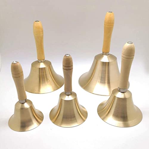 Hand Bell Extra Loud Solid Brass Call Bell， Rattle Bell with Wooden Handle School Bell Handheld Loud Call Bell for Table Hotel Counter Reception Restaurant Bar- 14cm