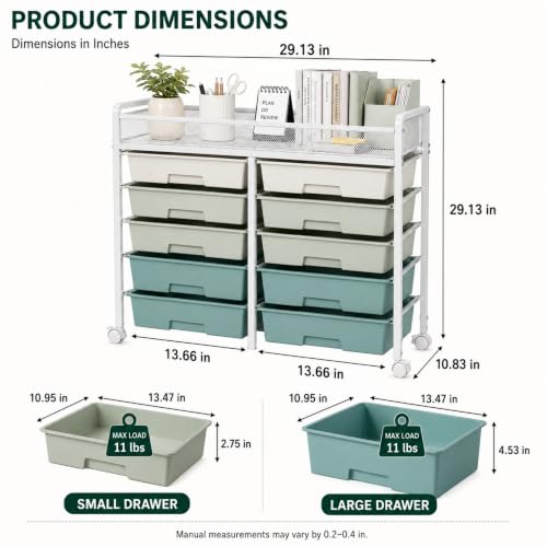 10-Drawer Rolling Cart with Wheels, Storage Organizer with Mesh Top Shelf