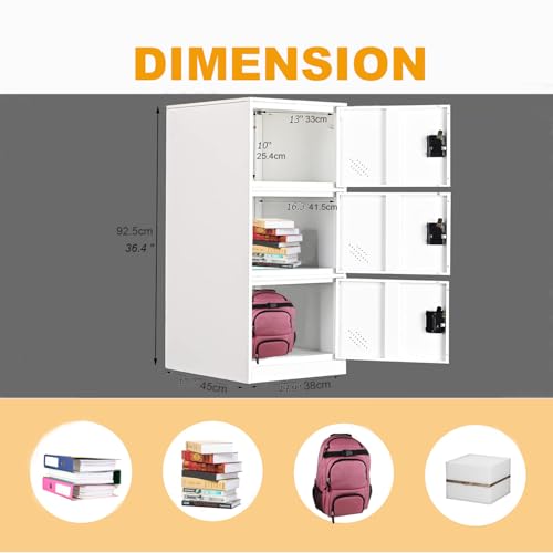 MECOLOR Vertical Single Tier Small Locker with Padlock latche 2 or 3 Compartment Storage for Employee,Home,Office,School,Kids (Full White, P3V)