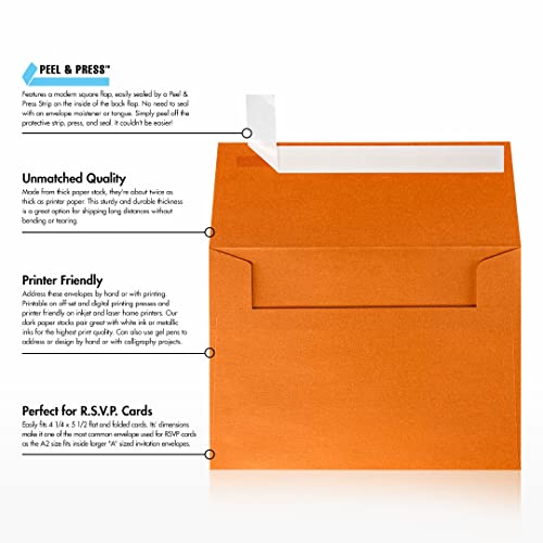 LUXPaper A2 Invitation Envelopes | Peel & Press | 4 3/8" x 5 3/4" | Flame Orange Metallic | 80lb. Text | 1,000 Qty