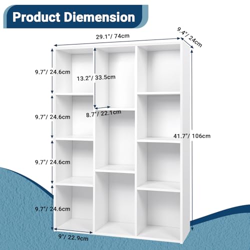 Whitmor 11 Cube Storage Organizer, 4 Tier Stackable Bookcase, Open Storage Display Bookshelf, Storage Cabinet for Living Room, Bedroom, Home, Office, 29.1" L x 9.4" W x 41.7" H, White