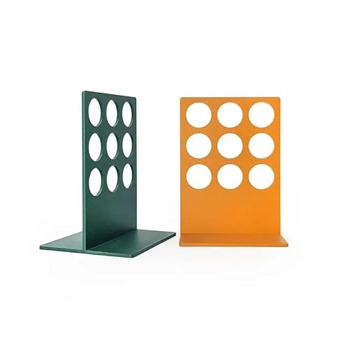 Modern Round Cutout Bookends Set of 2, Non-Skid Metal Book Ends for Shelves, Decorative Book Holders for Home Office Library, Green and Orange