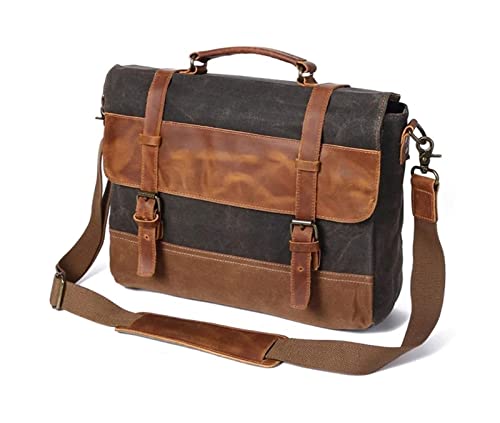 Waxed Canvas Leather Briefcase Bag 13.3Inch Laptop Satchel Messenger Bag for Business(Army Green)