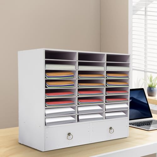 KSSTEVNBD Literature Organizer 24 Compartments Desktop File Sorter Mail Center Paper Storage Organizer with 2 Drawers for Home School Student Mailbox for Classroom (White)/White