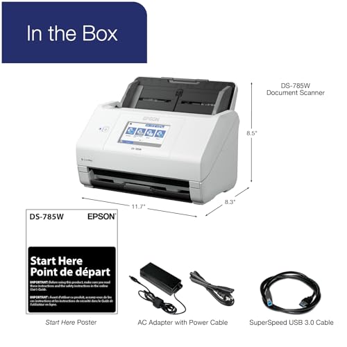 Epson DS-785W Color Duplex Desktop Document Scanner, up to 45 ppm, Wireless/USB Connectivity, ScanWay PC-Free Scanning, 4.3" LCD Touchscreen, 100-Page Auto Document Feeder (ADF), Twain/ISIS Drivers