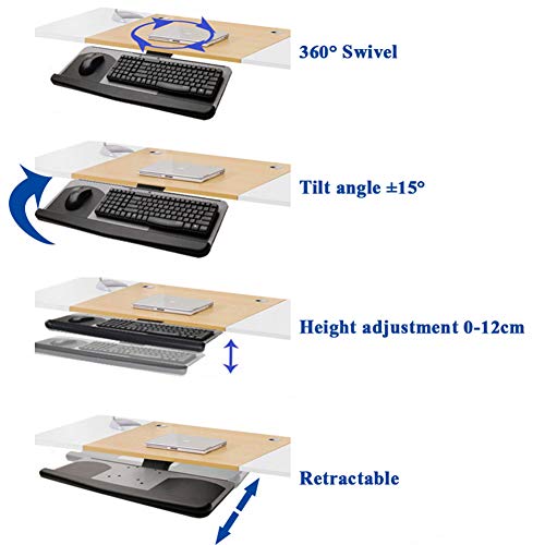ACXZ Ergonomic Adjustable Keyboard Tray, 360°Swivel/Tilt Angle Keyboard and Mouse Drawer Platform, with Wrist Pad, Desk Extension, Walnut Color (52×25cm, 65×25cm, 75×25cm)