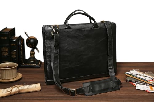 GZRHKJ Genuine Leather Padfolio Organizer，Professional Business Leather Briefcase with Strap，14×10.5 inch Customized Leather Padfolio with Handle-Black