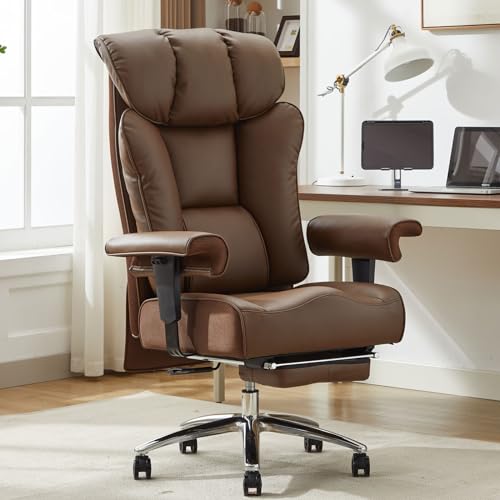 Efomao Big and Tall Office Chair 400lbs - Heavy Duty Executive Desk Chair with Foot Rest & 23" Wide Seat - High Back Ergonomic Leather Computer Chair for Heavy People, Home Office, Brown