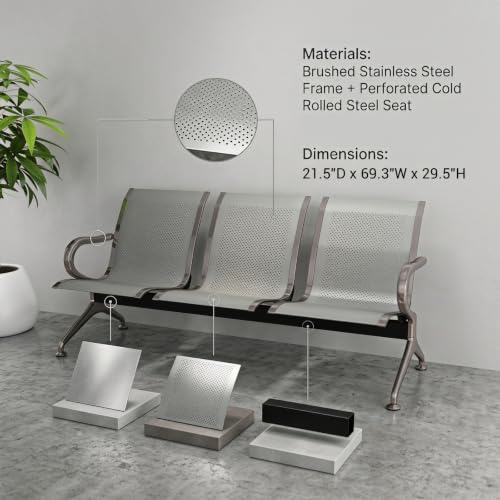 kairohill 3-Seat Metal Waiting Room Chair Durable Steel Waiting Room Bench with Armrests, Reception Chair for the Waiting Area at Hair Salon, Airport, Clinic, Shop & Home, Grey