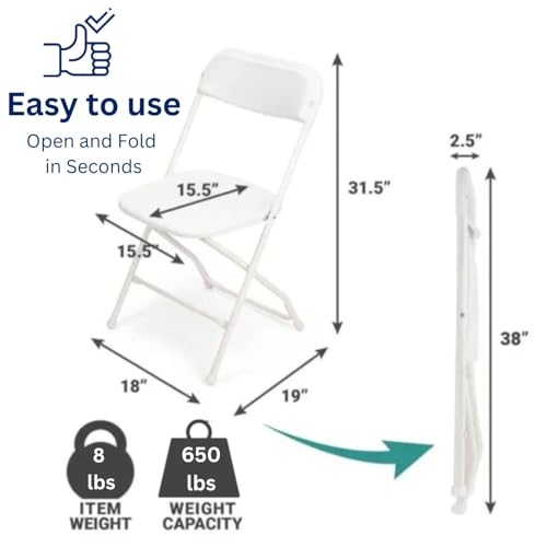 hiLISS White Folding Chairs 10-Pack,Portable Events Chairs, Plastic Folding Chair, Stylish 650 lb Capacity for Party, School and Church