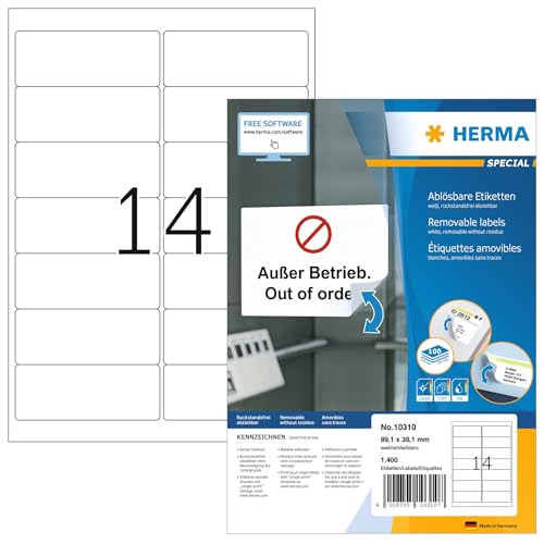 HERMA Self Adhesive Removable Address Mailing Labels, 14 Labels Per A4 Sheet, 1400 Labels for Printers, 99.1 x 38.1 mm (10310), White