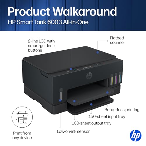 HP Smart Tank 6003 Wireless All-in-One Ink Tank Printer, Scanner, Copier with up to 3 Years of Ink Included, Best-for-Home, Cartridge-Free Refillable, AI-Capable (D35XXA)