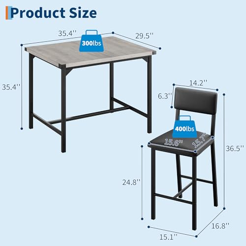 MOVECOM Space-Saving 3-Piece Counter Height Dining Table Set for 2 – Bar Table with 2 Padded Stools, Backrests & Footrests, Metal Frame, Corner Guards, Easy Assembly, Grey