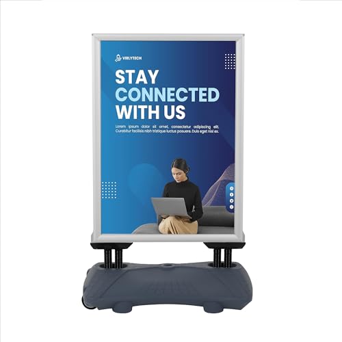 M&T Displays WindPro Lite Weather and Wind Resistant - Outdoor Pavement Curb Sidewalk Sign Holder, Silver, Aluminum, Easy Front Loading Snap Frame, Durable LDPE, Gray Water Base (24x36 inch)