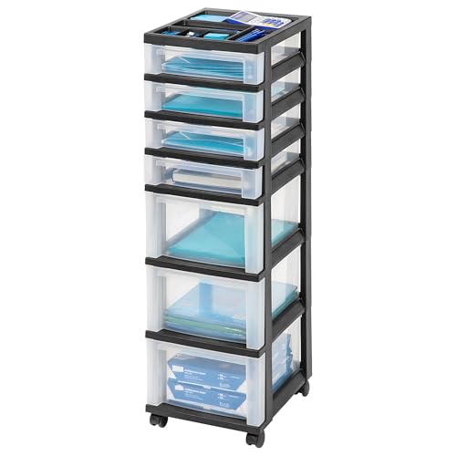 IRIS USA 7-Drawer Rolling Storage Cart with Wheels, 2-Pack, Black/Clear