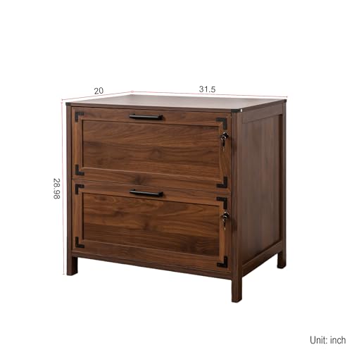 TERRUPEX Farmhouse File Cabinet with Lock, 2-Drawer Wood Filing Cabinet for Home Office, 31.5 Inch Wide Storage Organizer with Key Lock for Letter/Legal Size Files, Rustic Style in Walnut Finish