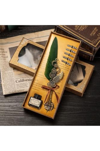 SODEF Vintage Feather Quill Pen Set - Green Calligraphy Pen with 5 Nibs and Gift Box for Students and Writers - Green