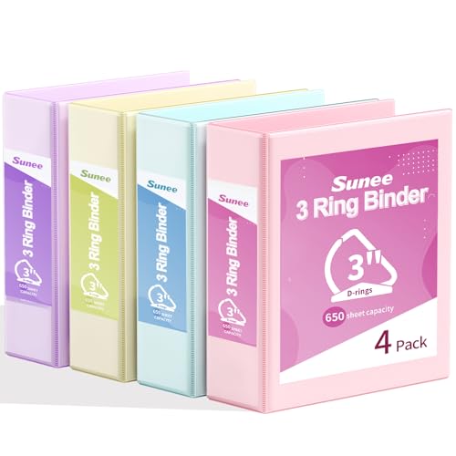 SUNEE 3 Ring Binder 3 Inch D Ring, Clear View Binder Three Ring PVC-Free (Fit 8.5x11 Inches) for School or Office Supplies, Assorted Pastel, 4 Pack