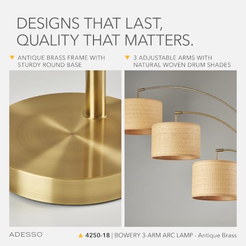 Adesso 3-Light Floor Lamp, Antique Brass & Natural, 4-Way, 82”
