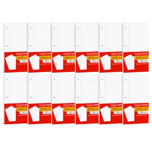 Notebook Paper Wide Ruled, Loose Leaf Paper Wide Ruled Notebook Paper Bulk, Lined Filler Paper for 3 Ring Binders - 10.5” X 8", for Student, College, School Classroom - 100 Sheets/Pack (12 Pack)