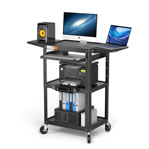 POCHAR Large Steel AV Cart with Power Strip & Drop Leaves - Height Adjustable Metal Media Cart with Wheels - Heavy Duty Rolling Computer Workstation for Laptop Projector Printer TV, Black (46" x 18")