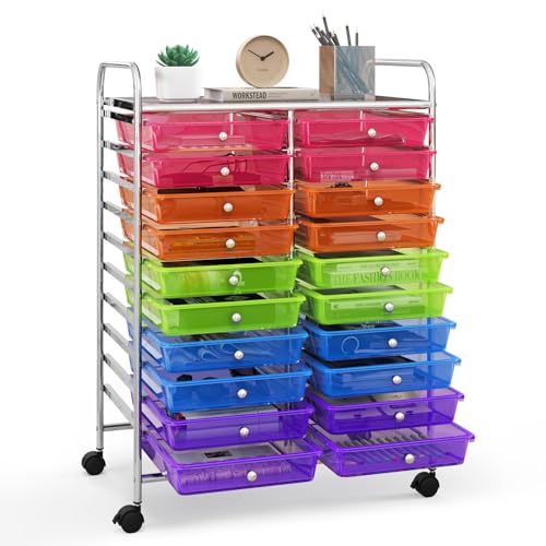 Rolling Cart with 20 Drawers, 20 Tiers Multicolor Trolley, Drawer Bin Carts with 2 Lockable Wheels, Adjustable File & Debris Organizer Cart, Rolling Storage Cart for Office, School, Home