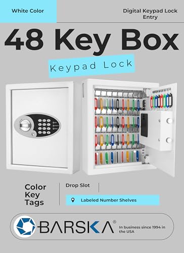 Barska 48 Position Key Cabinet with Digital Keypad Wall Mounted Security Keys Safe Key Organizer White with Adjustable Racks Key Tags