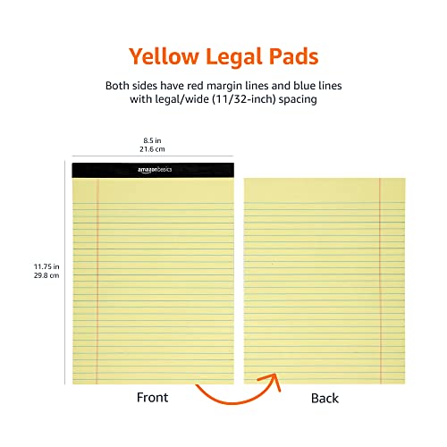Amazon Basics Legal/Wide Ruled 8.5 x 11.75 inch Legal Pad, Canary, 72 Count (Pack of 12), 50 sheets per pad, 6 packs per carton