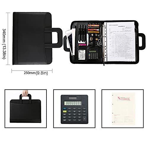 GFHSKRPL Business Portfolio Retractable Handle Portfolio Folder Pu Leather Zipper Binder with Calculator Notbook Organizer(E)