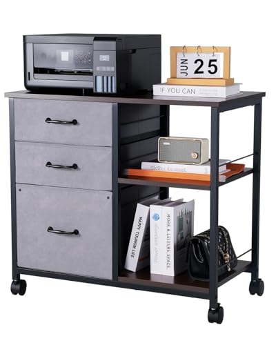 VEVOR Metal File Cabinet, Mobile Filing Cabinet with 3 Fabric Drawers and 2 Open Shelves, Wooden Vertical Filing Storage Cabinets with Wheels for Letter, A4, Legal Size File, Easy Assembly, Brown