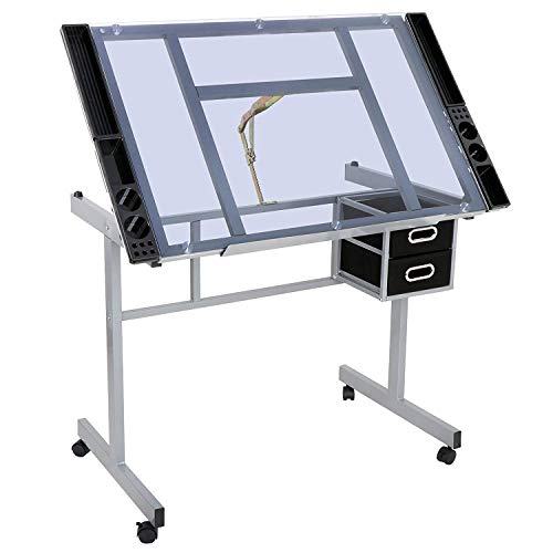Nouva Adjustable Drafting Table, Drawing Table on Wheels with Storage & Side Tray, Artist Desk Tilting Glass Tabletop Art Craft Desk for Home Office