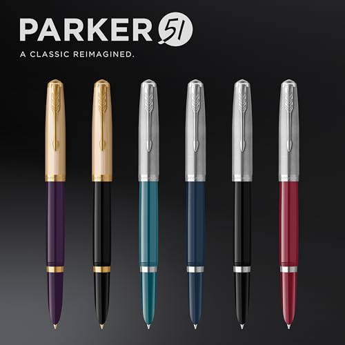 Parker 51 Fountain Pen Teal Blue Barrel with Chrome Trim Fine Nib with Black Ink Cartridge Gift Box