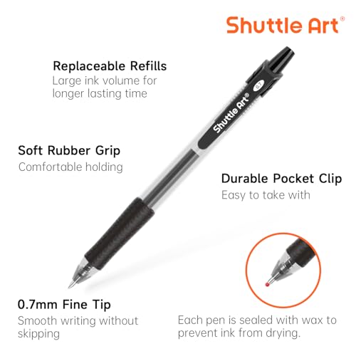Shuttle Art Black Gel Pens, 70 Pack Retractable Medium Point Rollerball Gel Ink Pens Smooth Writing with Comfortable Grip for Office School Home Work