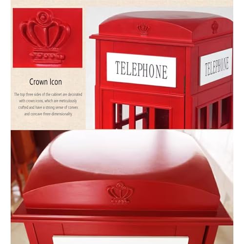 Wooden Telephone Standing Bookshelf Vintage,5-Tier Floor Booth with Acrylic Door,Living Room Storage Display Bookshelf,for bookstores, Living Rooms, and cafes(Red)