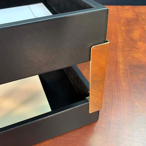 DACASSO Classic Black Leather Double Legal Letter Tray Stacking Set w/Gold Posts - Luxury Executive Decor and Office Essential - Desk Surface Protector