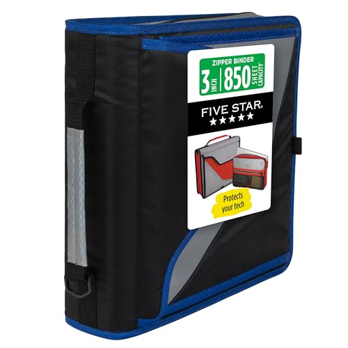 Five Star Zipper Binder, 3-Inch D-Ring Case Binder, 850-Sheet Capacity, Multiple Pockets, Front 5-Tab Expanding File, Removable Padded Case and Shoulder Strap, Urban Eclipse (292960J)